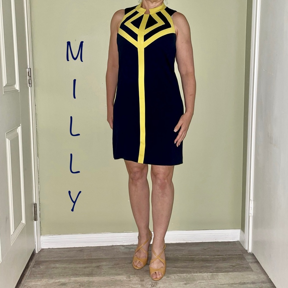Milly of New York * Navy Sleeveless Shift Dress w/Yellow Trim * Size M
